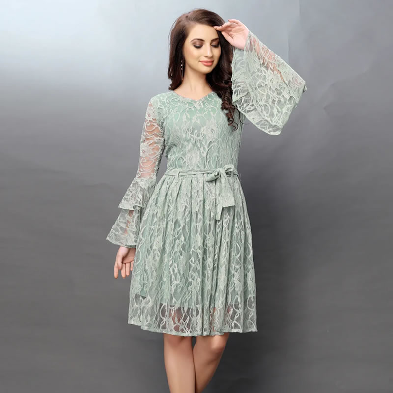 Tiered Bell Sleeves Lace Design Party Wear Dress, Western Wear, Dresses ...
