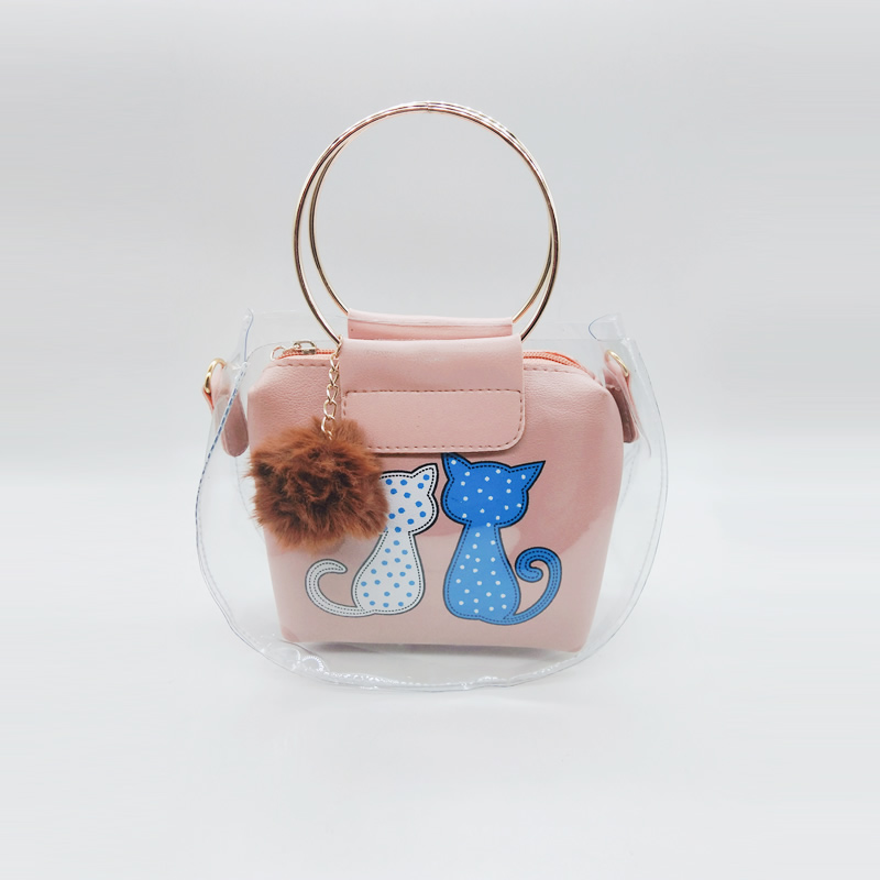Cat Print Pom-Pom Fur Ball Transparent Shoulder Sling Bag, Bags ...