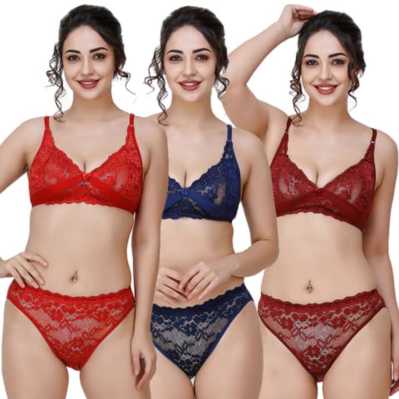 Net Lace Floral Design V-Neck Lingerie Bra Panty - 3 Set, Lingerie, Bra and  Panty Sets Free Delivery India.