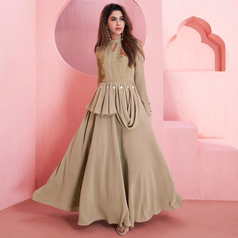Designer Cream Georgette Heavy Work Gown With Net Dupatta