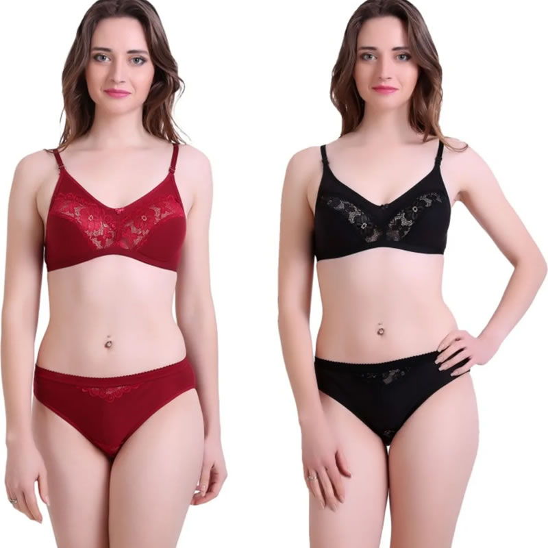 Floral Lace Maroon & Black Lingerie Sets Pack of 2, Lingerie, Bra and Panty  Sets Free Delivery India.