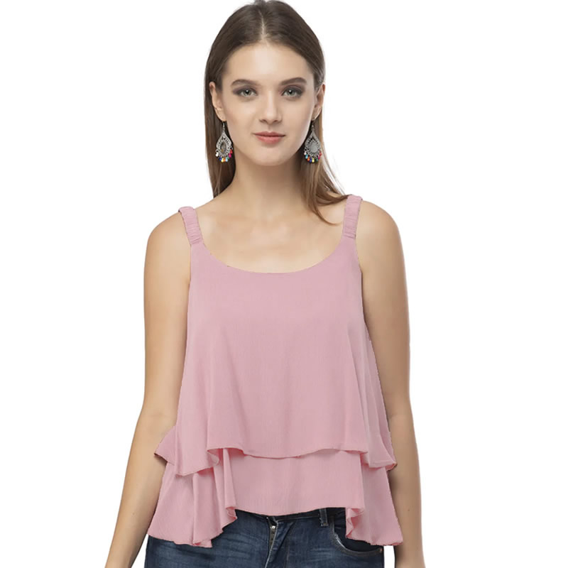 Frills Solid Sleeveless Tiered Raffled Tank Top, Western Wear, Tops Free  Delivery India.