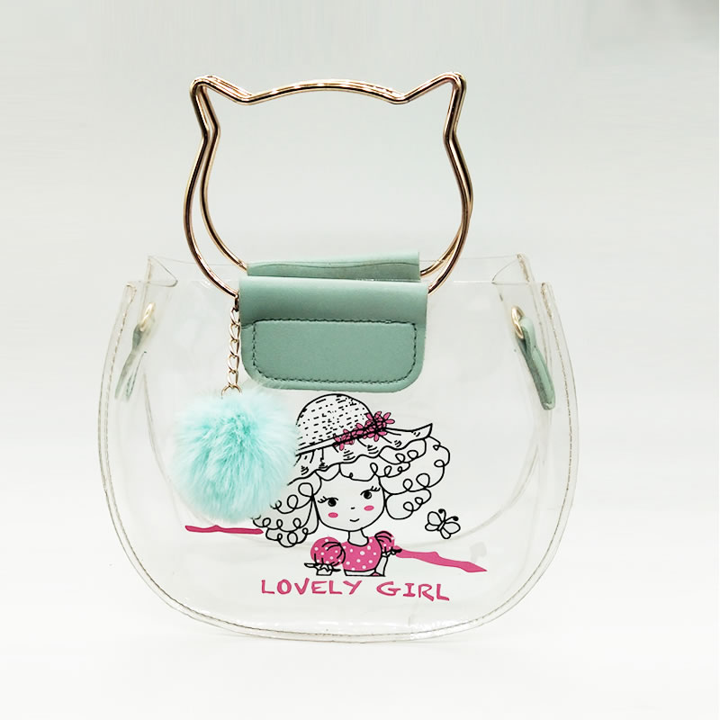Lovely Girl Print Pom-Pom Fur Ball Transparent Shoulder Jelly Sling Bag ...