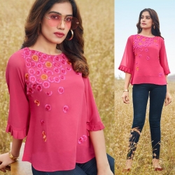 Floral Embroidered Work Pink Short Kurti Top