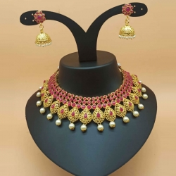 Stylish Pink & Green Stone Studded Choker Pearl Necklace Set
