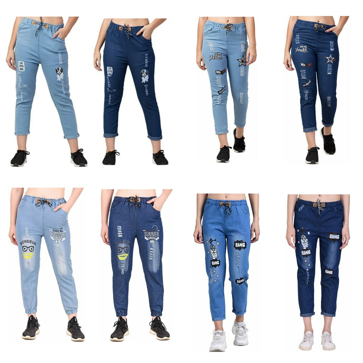 iOPQO Jeans For Women Women Pull-On Distressed Denim Joggers Elastic Waist  Stretch Pants Light blue + XL - Walmart.com